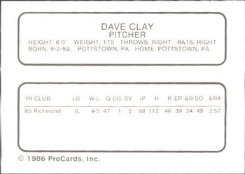 1986 ProCards El Paso Diablos #6 Dave Clay Back