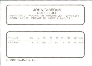 1986 ProCards El Paso Diablos #12 John Gibbons Back