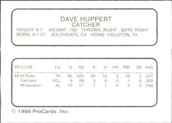 1986 ProCards El Paso Diablos #13 Dave Huppert Back