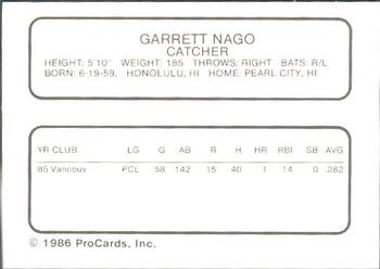 1986 ProCards El Paso Diablos #17 Garrett Nago Back
