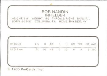 1986 ProCards El Paso Diablos #18 Bob Nandin Back