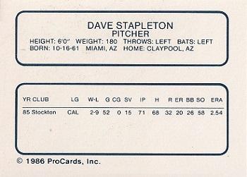 1986 ProCards El Paso Diablos #20 Dave Stapleton Back