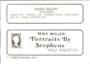 1986 ProCards Erie Cardinals #NNO Mark Behny Back