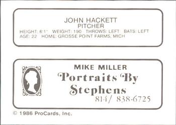 1986 ProCards Erie Cardinals #NNO John Hackett Back