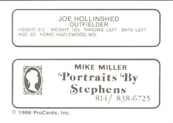 1986 ProCards Erie Cardinals #NNO Joe Hollinshed Back