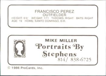 1986 ProCards Erie Cardinals #NNO Francisco Perez Back