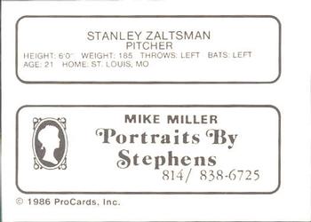 1986 ProCards Erie Cardinals #NNO Stanley Zaltsman Back