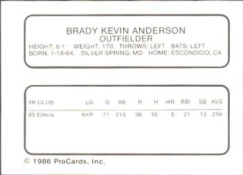 1986 ProCards Florida State League All-Stars #4 Brady Anderson Back