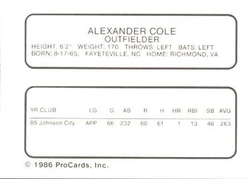 1986 ProCards Florida State League All-Stars #11 Alex Cole Back