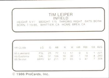 1986 ProCards Florida State League All-Stars #29 Tim Leiper Back