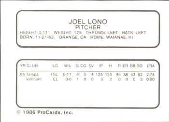 1986 ProCards Florida State League All-Stars #30 Joel Lono Back
