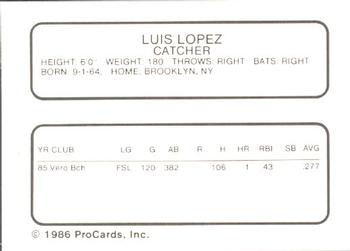 1986 ProCards Florida State League All-Stars #31 Luis Lopez Back
