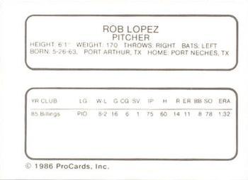 1986 ProCards Florida State League All-Stars #32 Rob Lopez Back