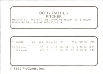 1986 ProCards Florida State League All-Stars #39 Dody Rather Back
