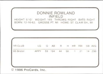 1986 ProCards Florida State League All-Stars #42 Don Rowland Back