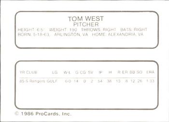 1986 ProCards Florida State League All-Stars #49 Tom West Back