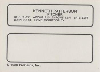 1986 ProCards Ft. Lauderdale Yankees #NNO Kenneth Patterson Back