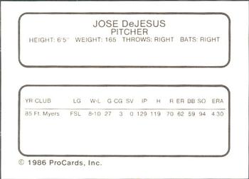 1986 ProCards Ft. Myers Royals #NNO Jose DeJesus Back