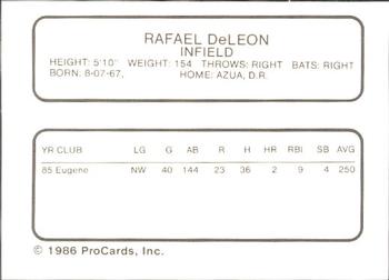 1986 ProCards Ft. Myers Royals #NNO Rafael DeLeon Back