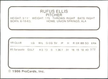 1986 ProCards Ft. Myers Royals #NNO Rufus Ellis Back