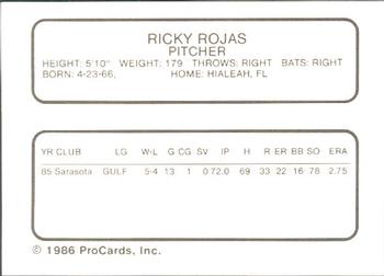1986 ProCards Ft. Myers Royals #NNO Ricky Rojas Back