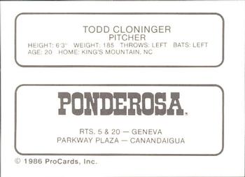 1986 ProCards Geneva Cubs #2 Todd Cloninger Back