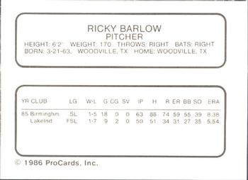 1986 ProCards Glens Falls Tigers #1 Ricky Barlow Back