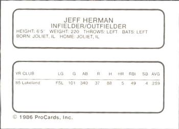 1986 ProCards Glens Falls Tigers #9 Jeff Hermann Back