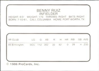 1986 ProCards Glens Falls Tigers #19 Benny Ruiz Back