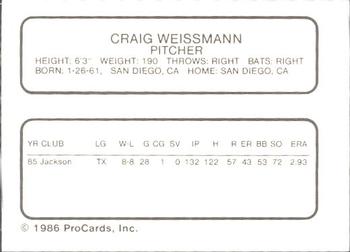 1986 ProCards Glens Falls Tigers #24 Craig Weissmann Back