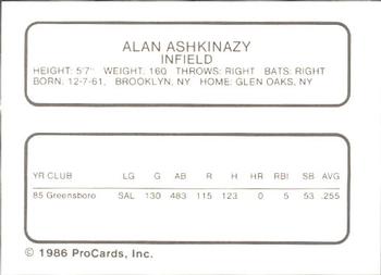1986 ProCards Greensboro Hornets #2 Alan Ashkinazy Back