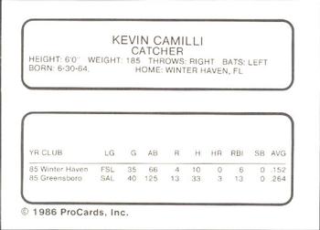 1986 ProCards Greensboro Hornets #4 Kevin Camilli Back