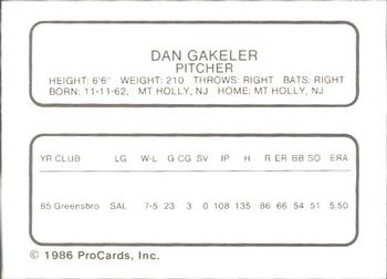 1986 ProCards Greensboro Hornets #8 Dan Gakeler Back