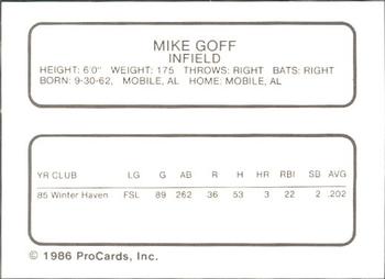 1986 ProCards Greensboro Hornets #9 Mike Goff Back