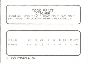 1986 ProCards Greensboro Hornets #17 Todd Pratt Back