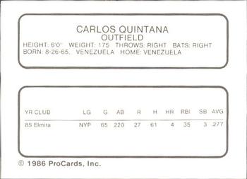 1986 ProCards Greensboro Hornets #18 Carlos Quintana Back