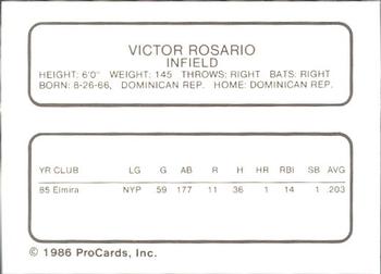 1986 ProCards Greensboro Hornets #21 Victor Rosario Back