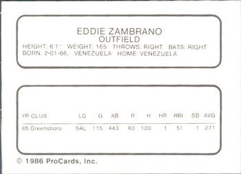 1986 ProCards Greensboro Hornets #26 Eddie Zambrano Back
