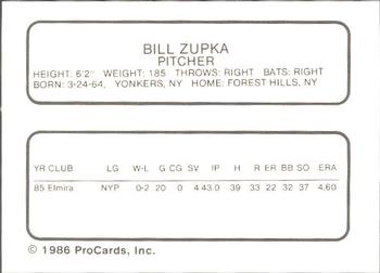 1986 ProCards Greensboro Hornets #27 Bill Zupka Back
