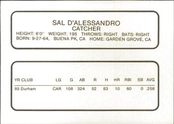 1986 ProCards Greenville Braves #7 Sal D'Alessandro Back