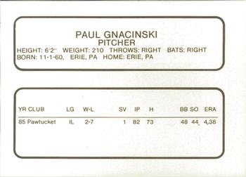 1986 ProCards Greenville Braves #10 Paul Gnacinski Back
