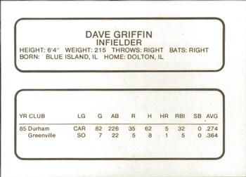 1986 ProCards Greenville Braves #11 Dave Griffin Back