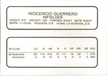 1986 ProCards Greenville Braves #13 Inocencio Guerrero Back