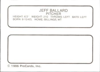 1986 ProCards Hagerstown Suns #1 Jeff Ballard Back