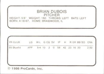 1986 ProCards Hagerstown Suns #5 Brian DuBois Back