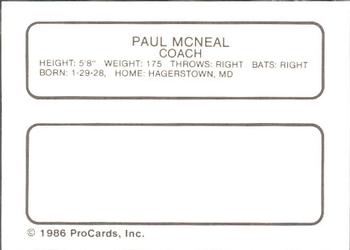 1986 ProCards Hagerstown Suns #10 Paul McNeal Back