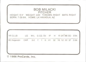1986 ProCards Hagerstown Suns #11 Bob Milacki Back