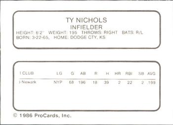 1986 ProCards Hagerstown Suns #13 Ty Nichols Back