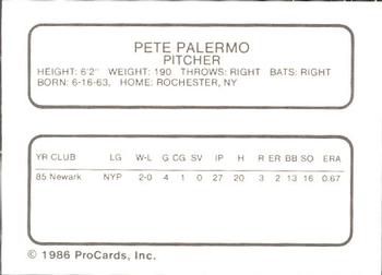 1986 ProCards Hagerstown Suns #14 Pete Palermo Back