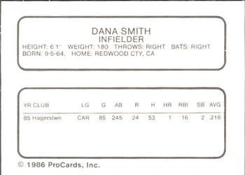 1986 ProCards Hagerstown Suns #18 Dana Smith Back